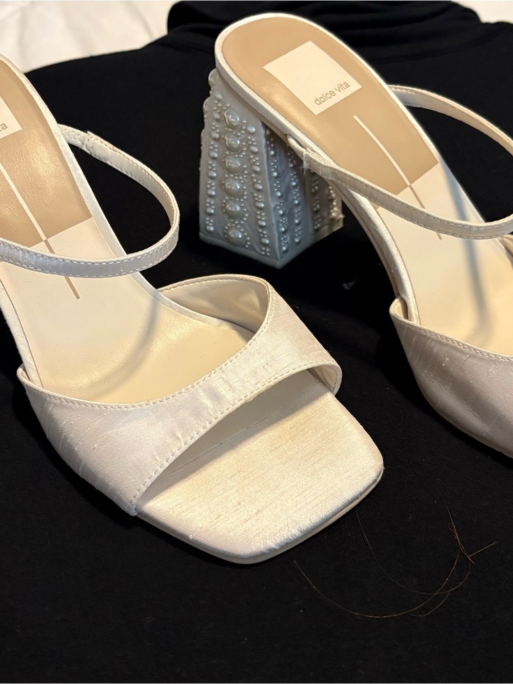 Dolce Vita Jemmy Ivory Satin Block Heel Sandals with Pearl-Embellished Heel - Picture 7 of 13